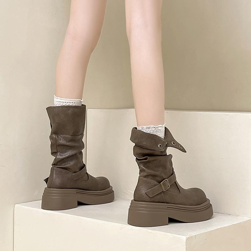 British style short boots thick heel thick-soled medium boots autumn and winter design sense retro leather boots foldable women's fashion boots