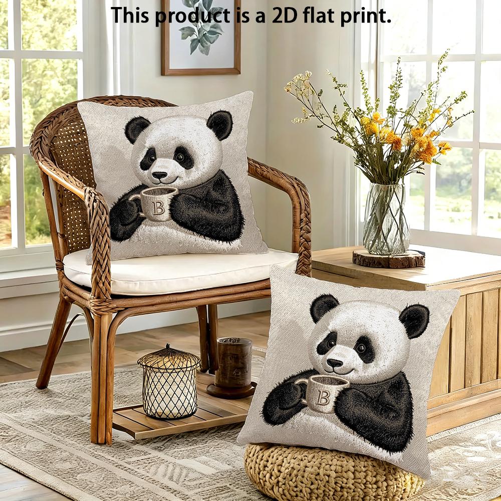2pcs Cute Panda Drinking Coffee Letter B Throw Pillow Cover Home Decor Cushion Case Cushion Cover