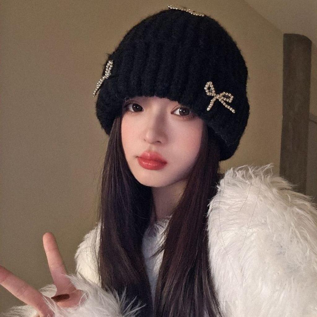 Koreanischer Blogger Strickmütze mit Bommel Herbst und Winter Ins Großer Kopfumfang Vielseitig Mode Ohrenschutz Strickmütze