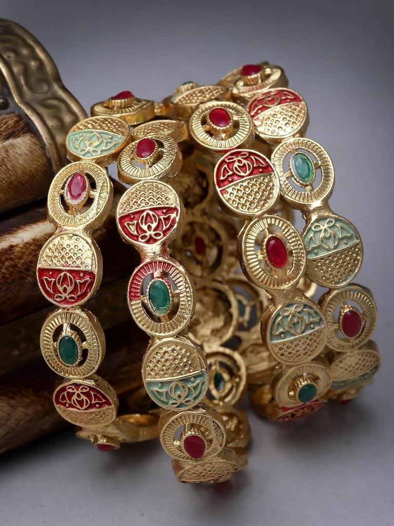 Bracelet Kada Plaqué Or Traditionnel Rouge et Vert Ensemble de Bijoux pour Femmes et Filles