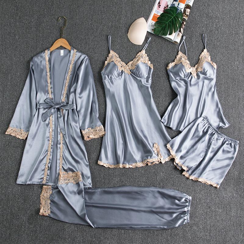 Women's Five-Piece Silk Pajama Set - Sensual Padded Nightdress and Battleship Print for Spring & Summer