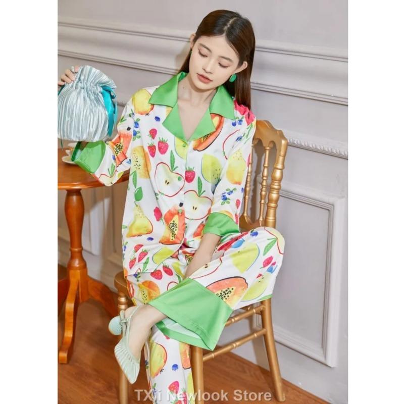 Summer Sensual Ice Silk Short-sleeved Shorts Printed Pajamas Home Wear Set + Long-sleeved Set