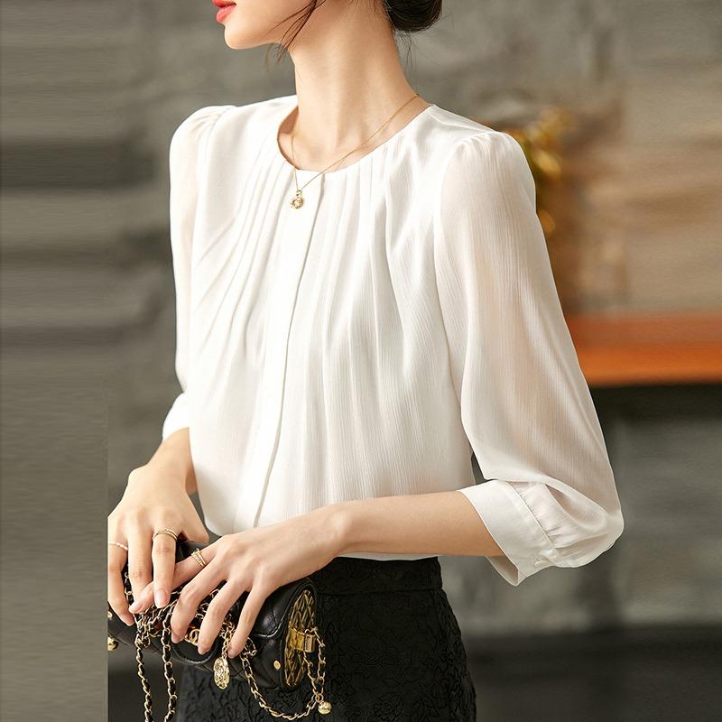 Fashion Crew Neck White Pleated Chiffon Shirt Women's 2025 Spring Summer Loose Casual Blouse Commuter Seven-quarter Sleeve Top Simple Clothes 2741
