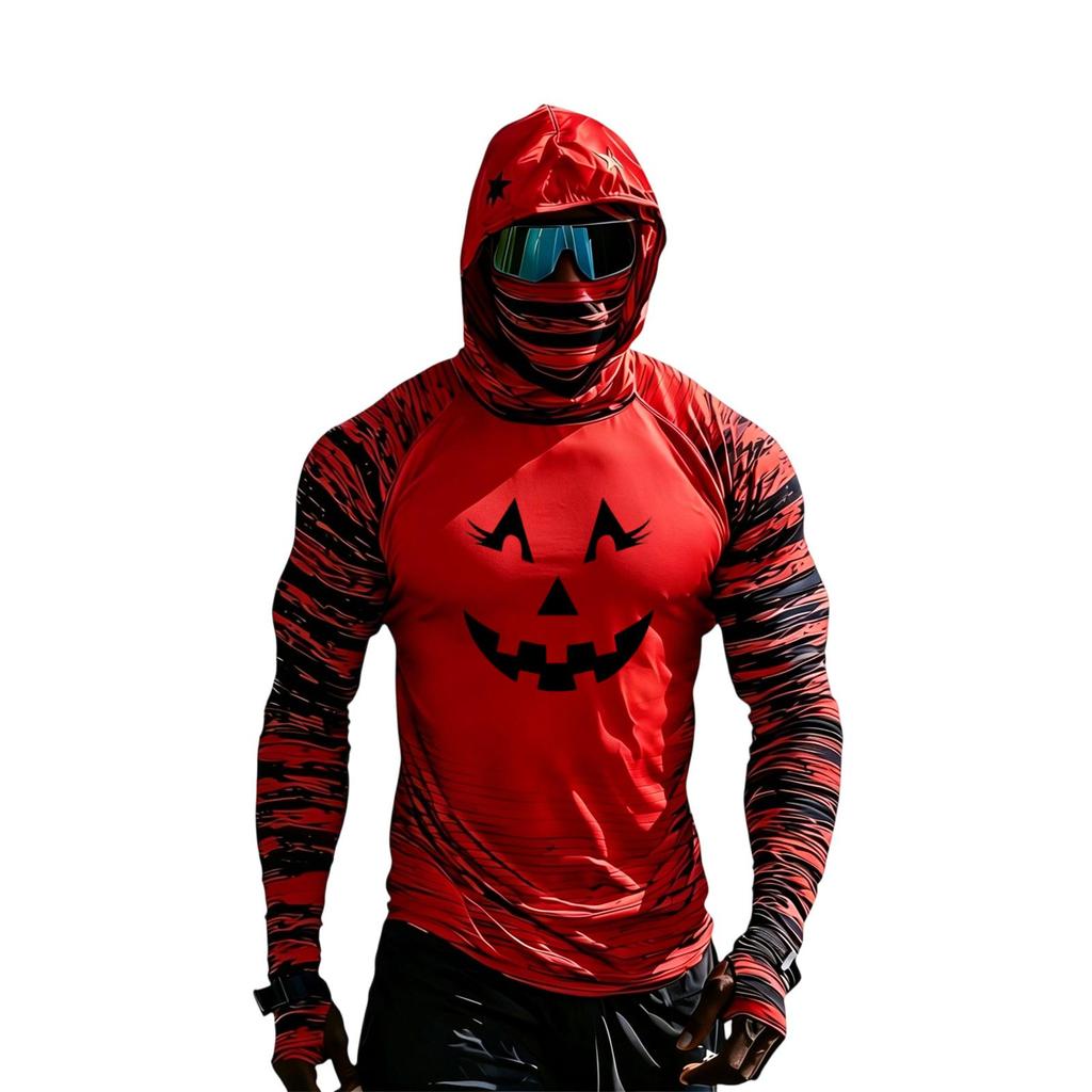 Men's Long Sleeve Hooded Sun Top with Color Block Raglan Sleeves Halloween Print