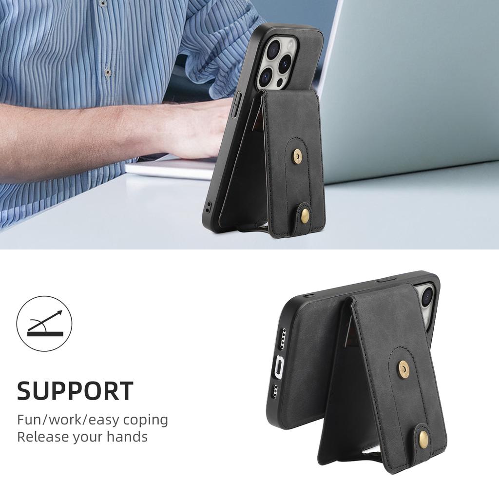 DENIOR D14 For iPhone 16 Pro Max Magnetic Case Leather+PC+TPU Phone Cover Card Bag