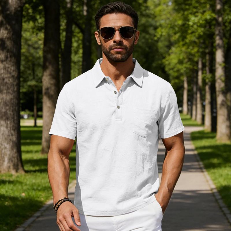

Men s Lapel Polo Shirt Large Size Linen Summer Casual Short Sleeve Pocket T-Shirt S белый