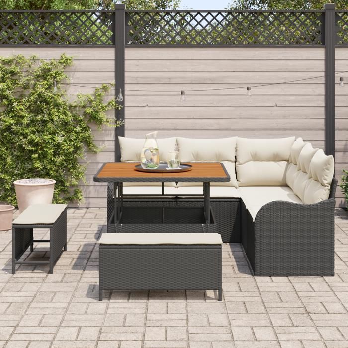 Ensemble de canapés de jardin 8 pièces avec coussins noir poly rotin acacia, Canapé de jardin 2 places avec coussins noir 3362255