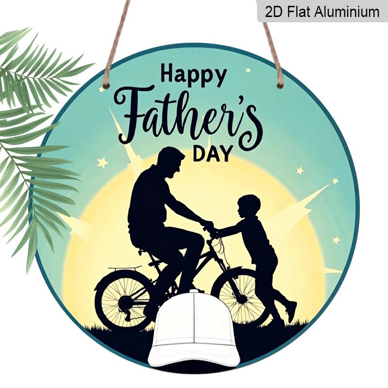 

2D Flat, 1pc Round Aluminum Happy Father s Day Sign, Silhouette Dad & Son Bicycle Design, Retro Sunset & Star Wall Decor, Perfect for Dad Gift 7.87×7.87inch