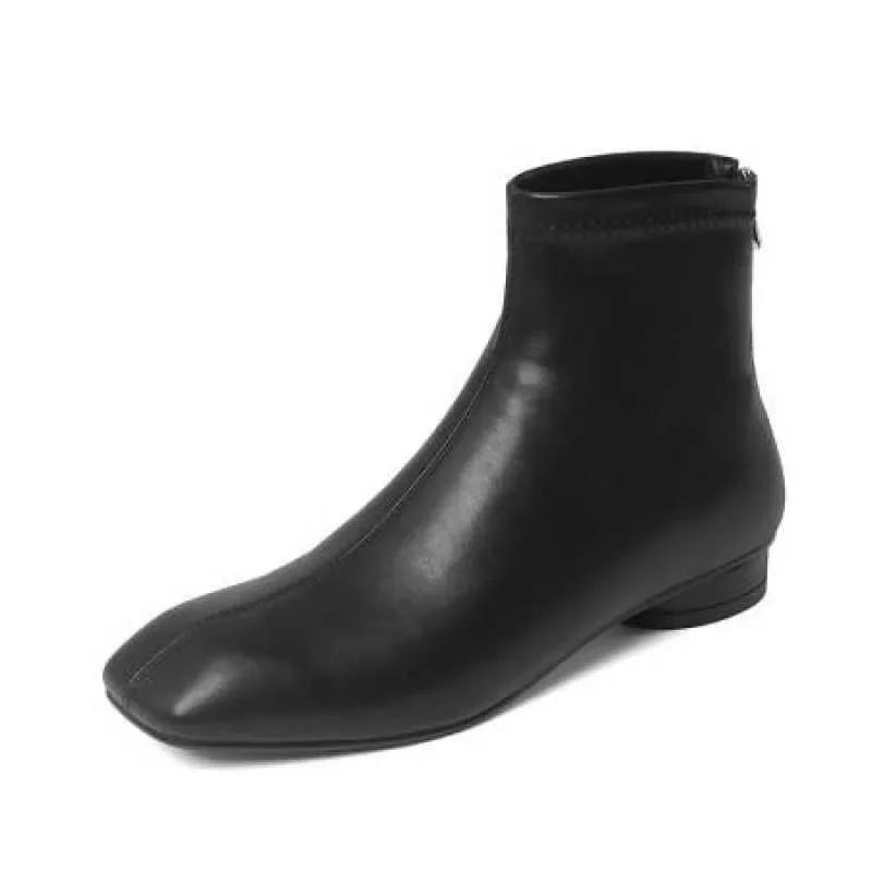 Fashion Women Soft Leather Ankle Boots Square Toe Round Mid Heel Zipper Fashion Short Boot Autumn Winter Ladies Shoes Beige Retro Boots