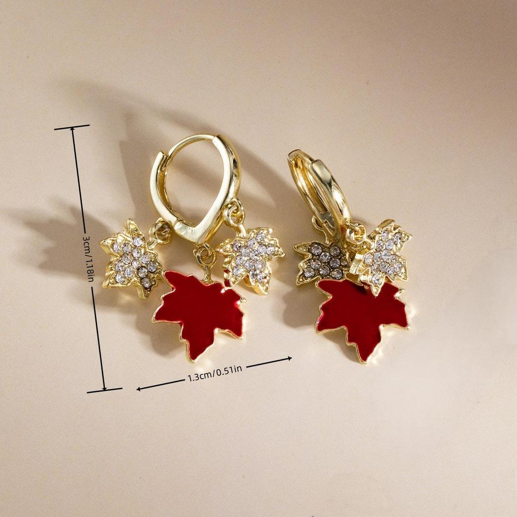 Elegant Red Maple Leaf Rhinestone Stud Earrings - Versatile High-Class Accessories for Women