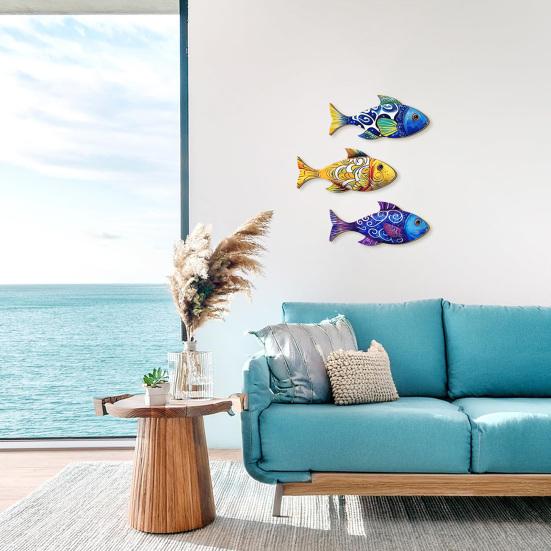 3 Pcs Wooden Fish Wall Art? Beach Nautical Coastal Theme Fish Wall Sculpture Rustic Lake House Hanging Decor for Linving Room Bedroom Home Decoration
