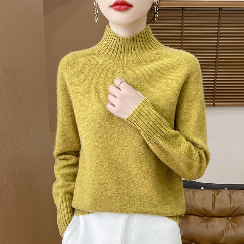 Pulover Gros de Toamnă și Iarnă cu Gât Semi-înalt din Lână pentru Femei, Simplu, Versatil, de Bază