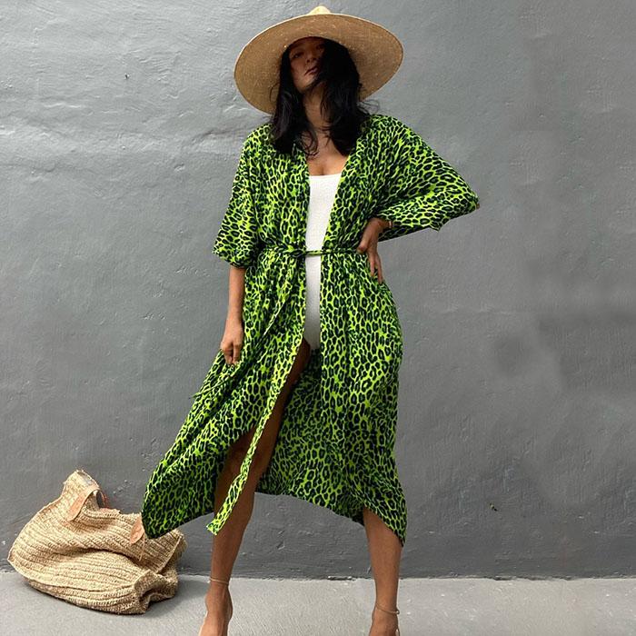 Bikini Cover Up Damen Batikmuster Strand Kimono Badeanzug Cape Sommer Wickelkleid mit Gürtel Urlaubsbadeanzug