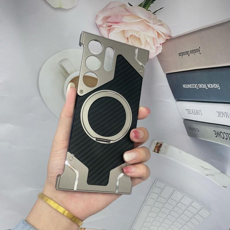 Carbon Fiber Phone Case S25 Ultra S24 S23 S22 Metal Magnetic Rotating Stand Shockproof Heat Dissipation