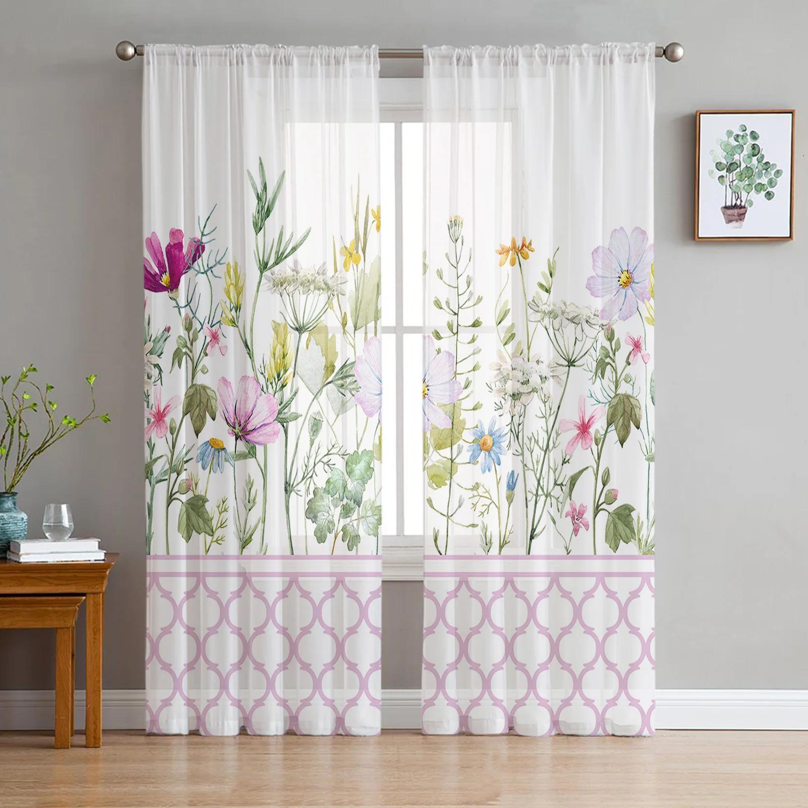 

Blue Morocco Spring Season Floral Wildflower Pure White Transparent Curtains for Living Room Ornamentation Window Panel Curtain Kitchen Tulle Sheer W135 x H115cm x1&Grommet Top