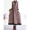 Spring New Literary Loose Cotton and Linen Printing Lapel Long-sleeved Dress Women's Waist Medium and Long