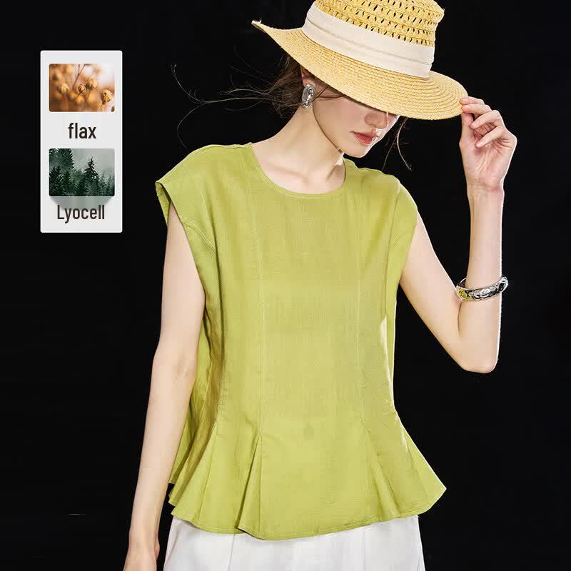 Wudao Women s Slimming Tencel Linen Ruffle Hem Sleeveless Blouse S