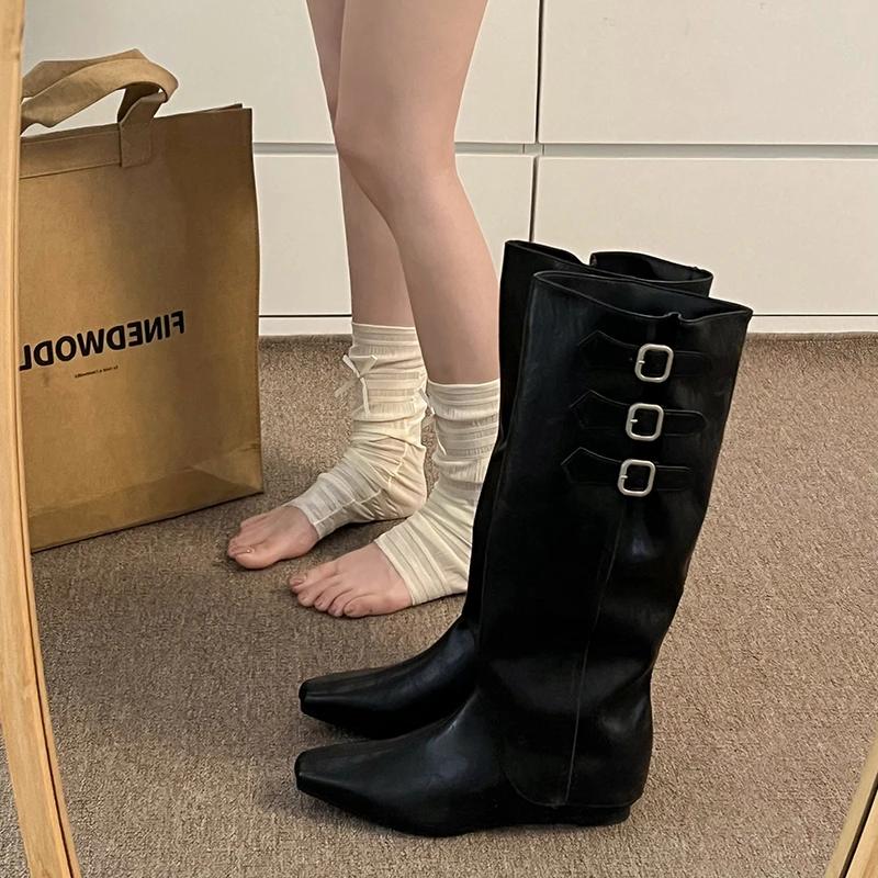 Cosy Soft Leather Women Knight Long Boots Fashion Button Combination Splicing Female Western Cowboy Booties