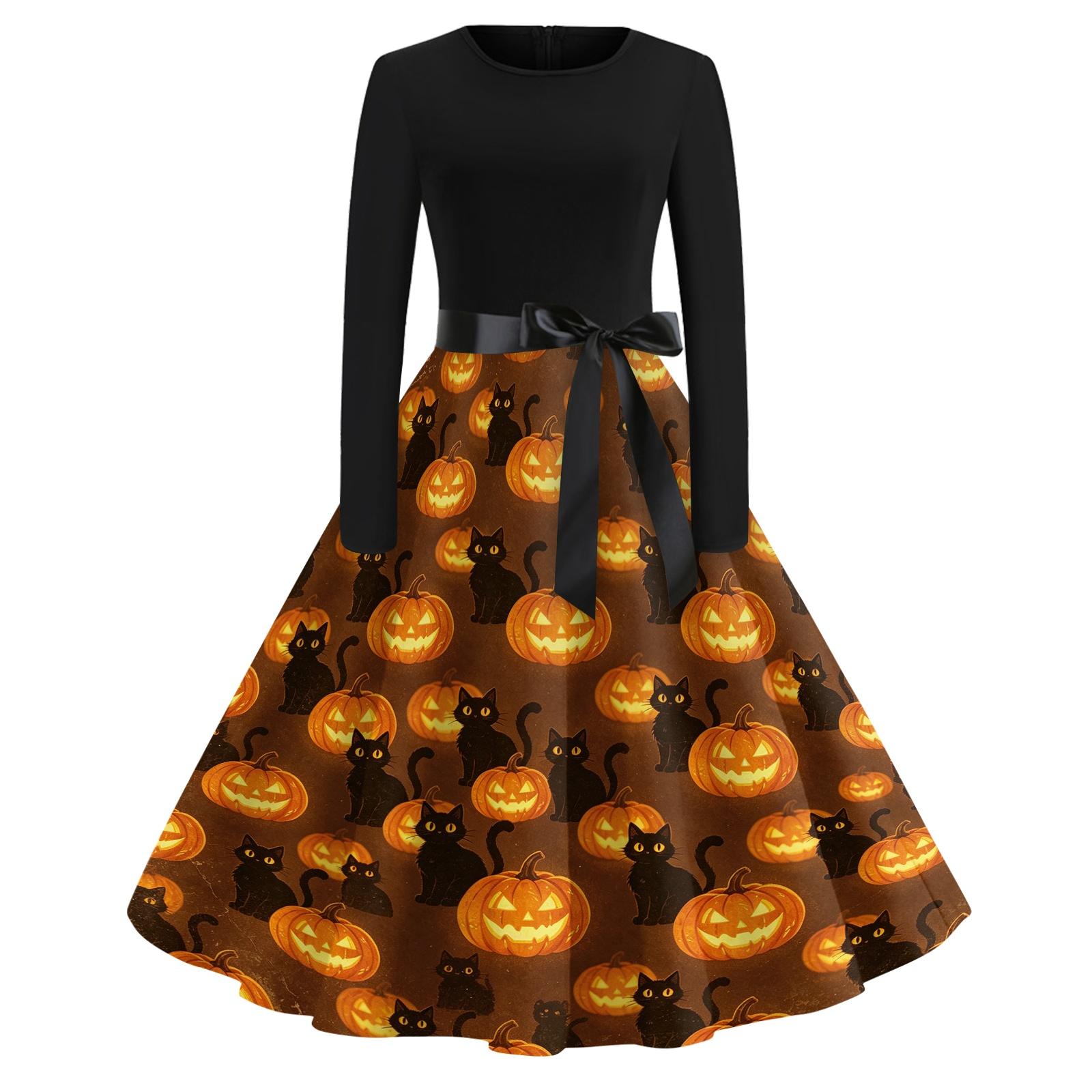 Women s Vintage Halloween Print Long Sleeve Crewneck Dress M