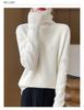 Women's High Neck Wool Sweater - Slim Fit, 100% Wool, Striped, Autumn/Winter Knit Pullover