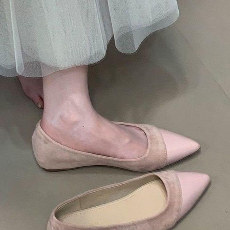 2025 New Temperament Shallow Mouth Flat Shoes Women's French Versatile Pointed Inner Height Increase with Skirt Splicing Commuter Sheet