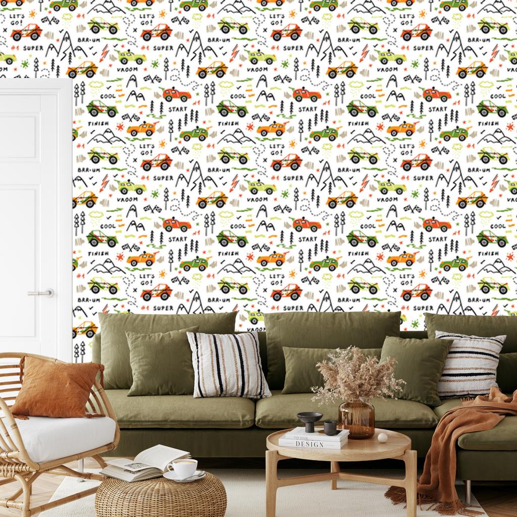Wallpaper Colorful cars trees mountains for living room and bedroom 50x1000