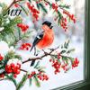 Non Adhesive Window Stickers Bullfinch And Red Berries Static Glass Sticker, Watercolor Winter Bird Decal, Decals Removable PVC Cling for Home