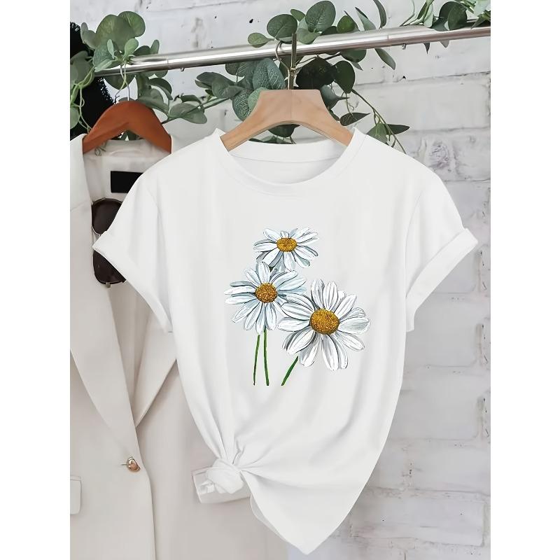 Womens Casual Black Daisy Print Tee White Daisy Green Leaf Design Round Neck Short Sleeve Lightweight Polyester Soft Spring Summer Fashion Top