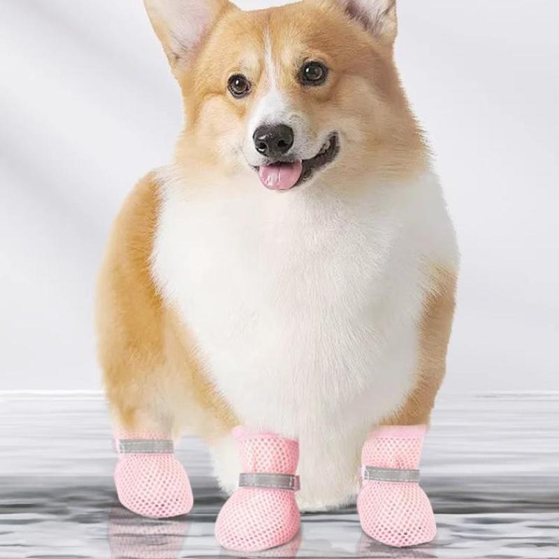 4Pcs Summer Cooling Dog Boots for Night Walks Breathable Mesh Dog Shoes with Reflective Straps & Soft Sole for Paw Protection
