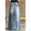 Washed Denim Maxi Skirt High Waist Asymmetric Front Slit Long Jean Skirt Irregular Patch Women Casual Split Denim Long Skirt