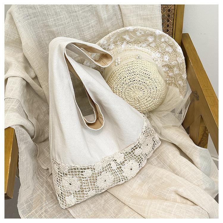 

Праздничная летняя пляжная сумка большой вместимости, литературный дизайн, холщовая сумка-тоут с пэчворком, нишевая сумка на плечо с полым цветочным узором