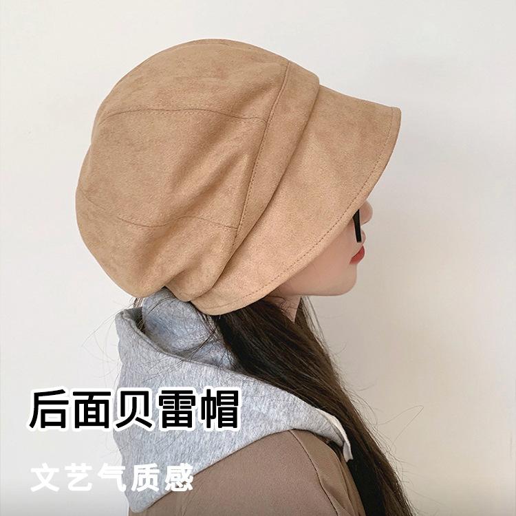 Autumn and Winter Hat Women's Suede Bucket Hat Plain Light Luxury Octagonal Beret Face Small Pile Hat Winter Women's