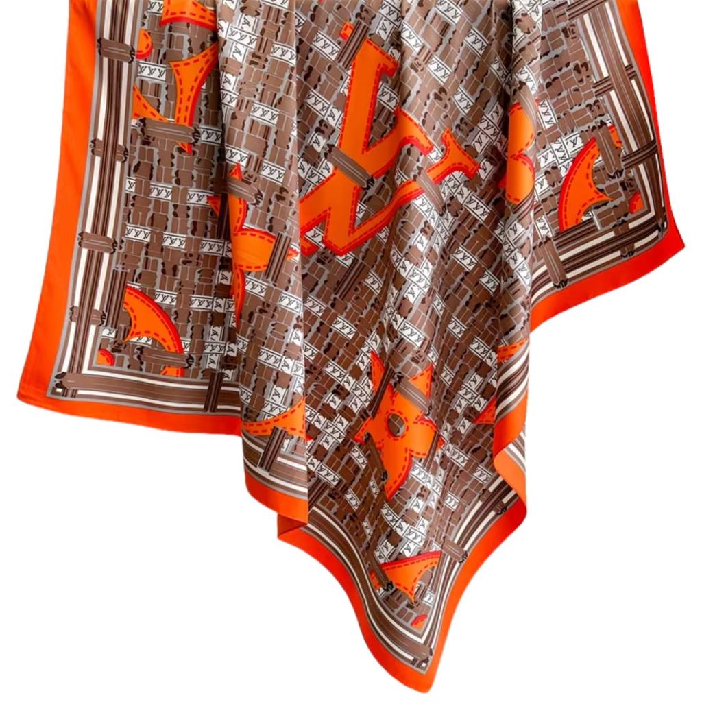Women' Scarf 90X90 Brown and Orange - Geometric Pattern in an Artistic Style