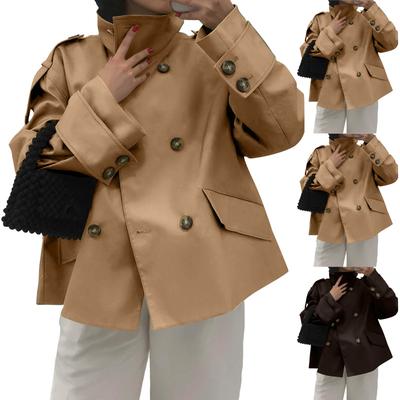 Women's Fashion Stand Collar Double-Breasted Waist-Defining Belted Short Trench Coat
