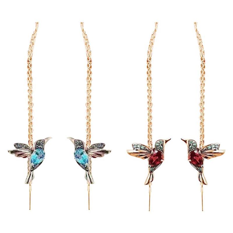 Hummingbird Long Drop Earrings Bird Pendant Tassel Crystal Pendant Earrings