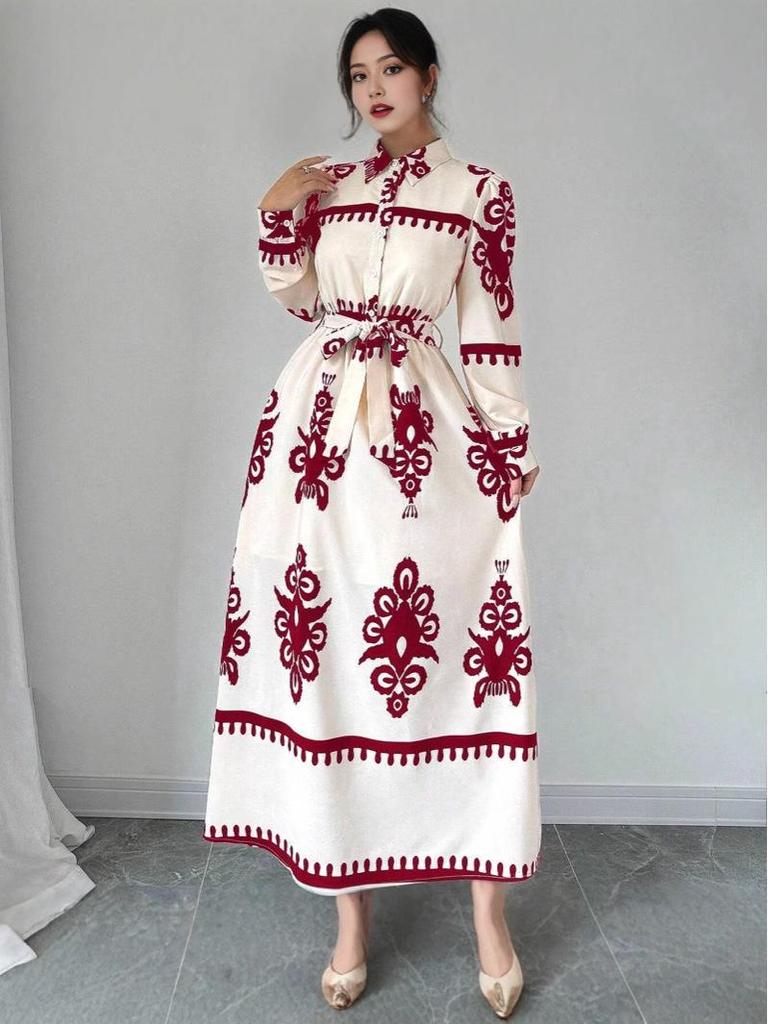 Elegant European and American Cross-Border Autumn/Winter 2024 Print Bandage Dress