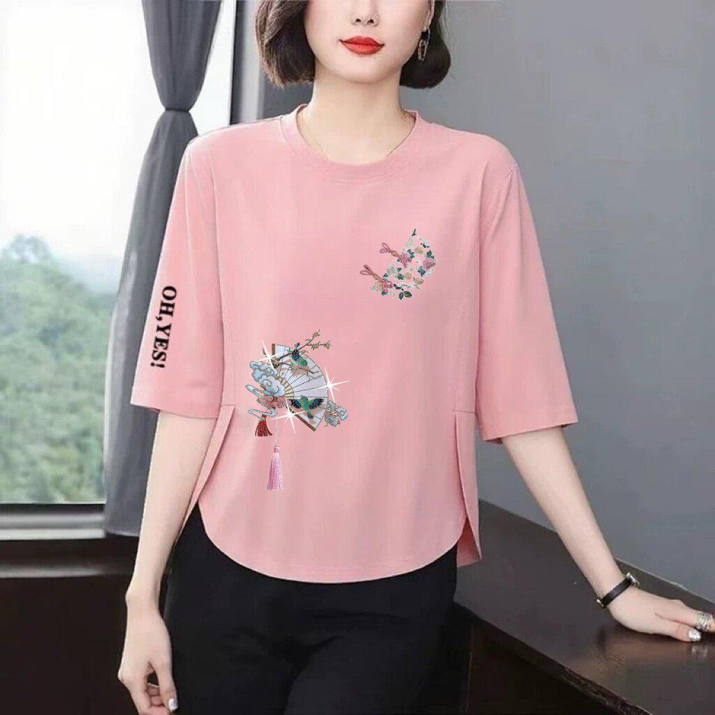 Trendy Printed 3/4 Sleeve T-Shirt for Moms: Loose, Slimming, Belly-Covering, Age-Reducing Top for Middle-Aged and Elderly Women