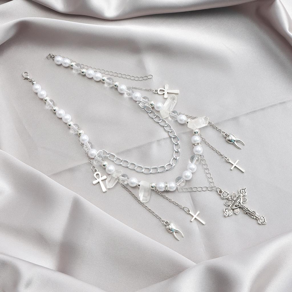 Gothic Cross Necklace Chain Simulation Pearl Beaded Layered Accessories