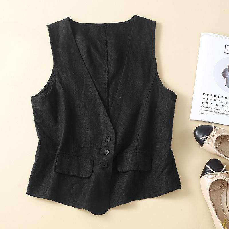 Women's Retro Vest Summer V-neck Casual Sleeveless Vest Cotton and Linen Thin Vest Jacket