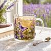 Morning Glass Tea Cup, Hummingbird Flower Pattern Tumbler with Gold Rim, Nature Themed Glassware for Tea Coffee Juice Wine Hot Cold Drinks Gift