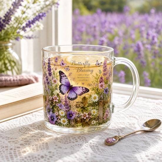 Morning Glass Tea Cup, Hummingbird Flower Pattern Tumbler with Gold Rim, Nature Themed Glassware for Tea Coffee Juice Wine Hot Cold Drinks Gift