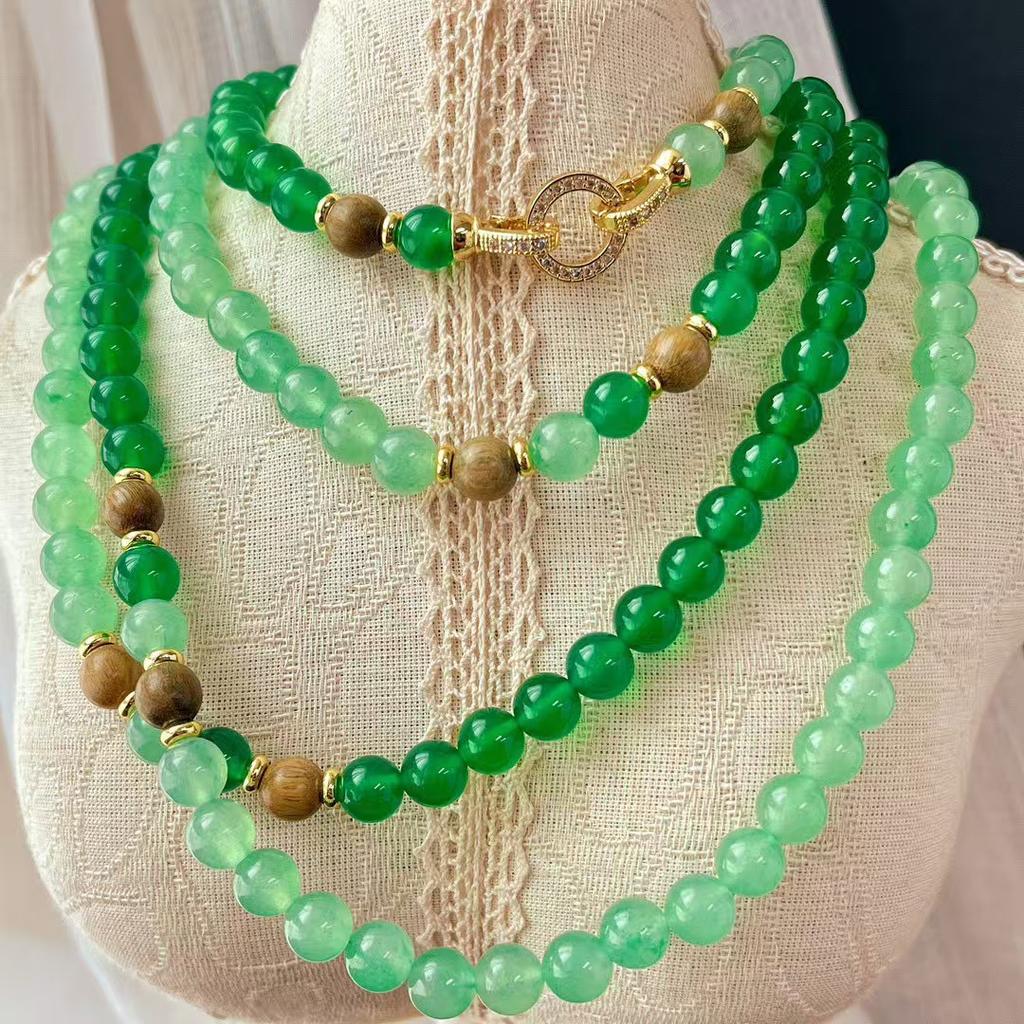 Retro Natural Chalcedony Dongling Jade Sandalwood Contrasting Collarbone Chain Necklace