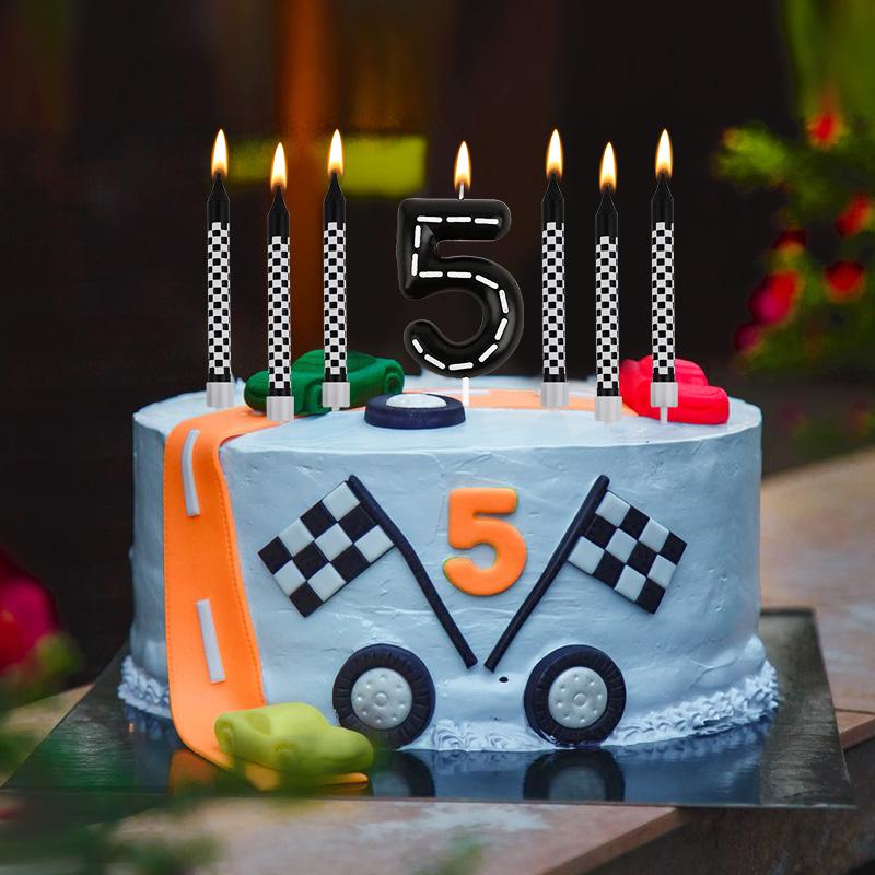 7Pcs Racing Cars Themed Birthday Candles Black White Checkered Number Cake Topper Kids Boys Birthday Party Decoration Supplies