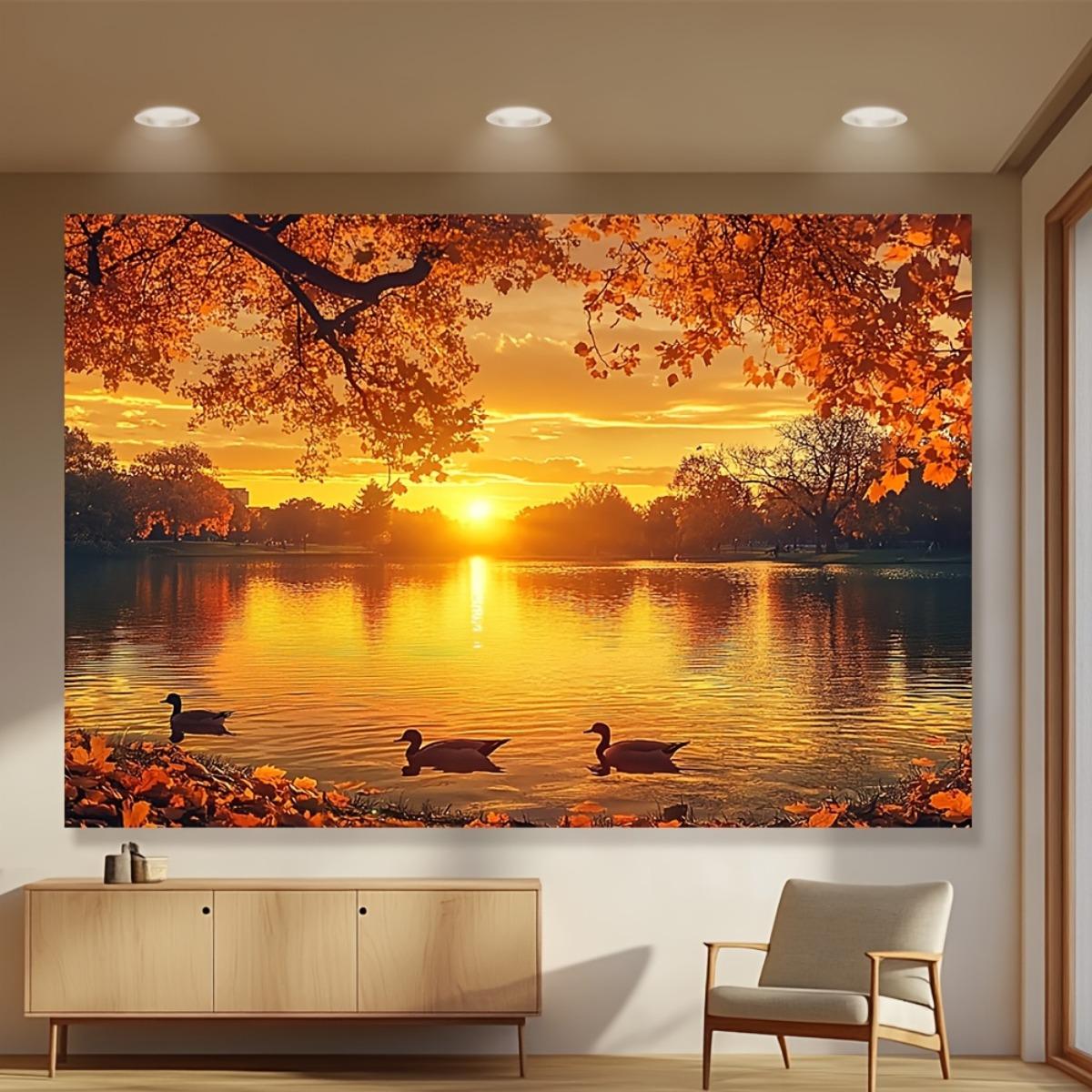 

1pc Autumn Lake Tapestry Sunset Wall Hanging Decor with Orange Leaves Ducks Water Reflection Polyester Fabric for Living 74x94cm(29x37in)