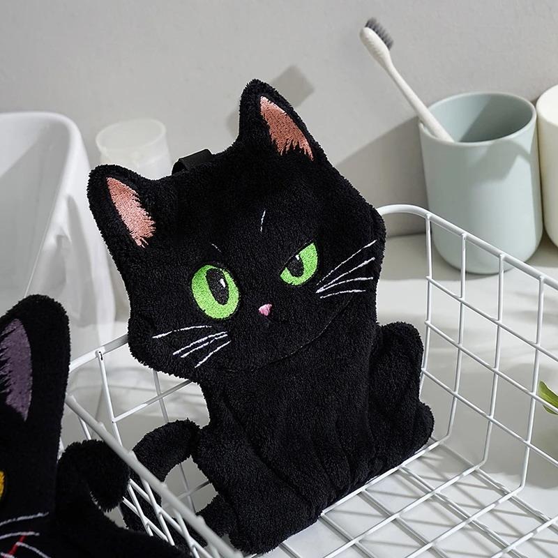Cartoon Black Cat Hand Towel Animals Shape Absorbent Hand Cloth Kitchen Cleaning Wipe Cloth Kid Bathroom Hanging Towel