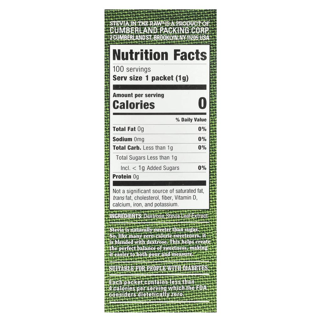 In the Raw, Stevia In The Raw®, Zero Calorie Sweetener, 100 Packets, 3.5 oz (100 g)