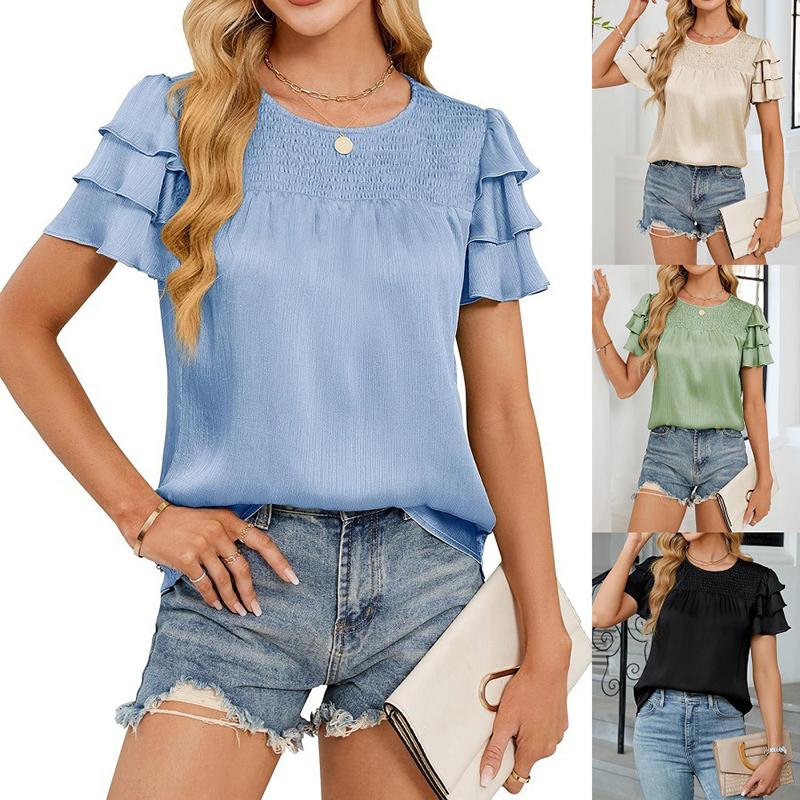 Ladies Summer Ruffles Short Sleeve O Neck Solid Color Casual Holiday Pullover Blouse Shirt Top