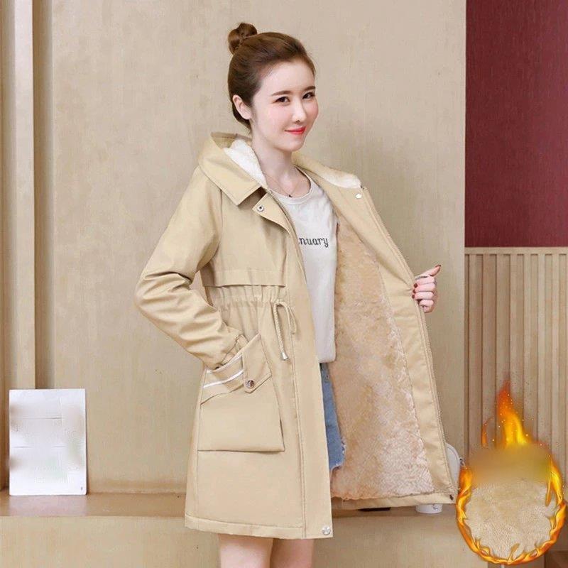 Fluffy and Thick Cotton Clothing, Autumn and Winter Korean Version, Waist Tightened, Versatile Mid-length Trench Coat, Cotton Coat Women's Trend