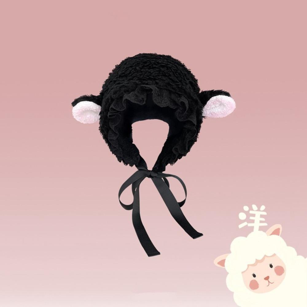Y2K Sheep Ear Plush Hat Japanese Style Ear Protection Cap Pullover Hat Lolita Lace Hat  Outdoor