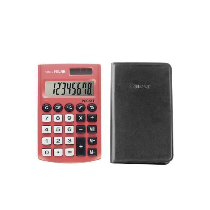 Calculatrice de poche - Pocket - Rouge - 8 chiffres - Étui inclus - Double alimentation